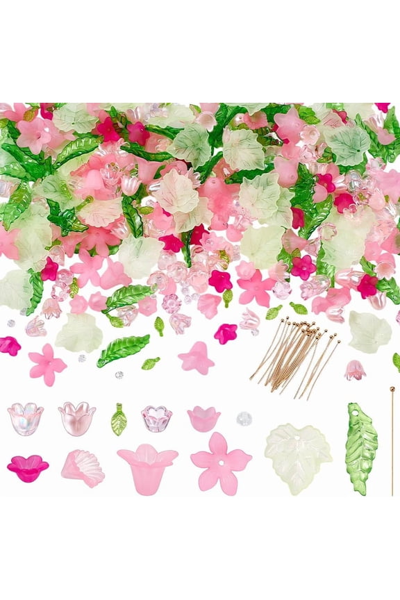 417 Pcs Acrylic Assorted Beads Kit Frosted Flower Beads Caps Maple Leaf Acrylic Pendants Leaf Loose Beads Earring Making Kit with Faceted Glass Beads