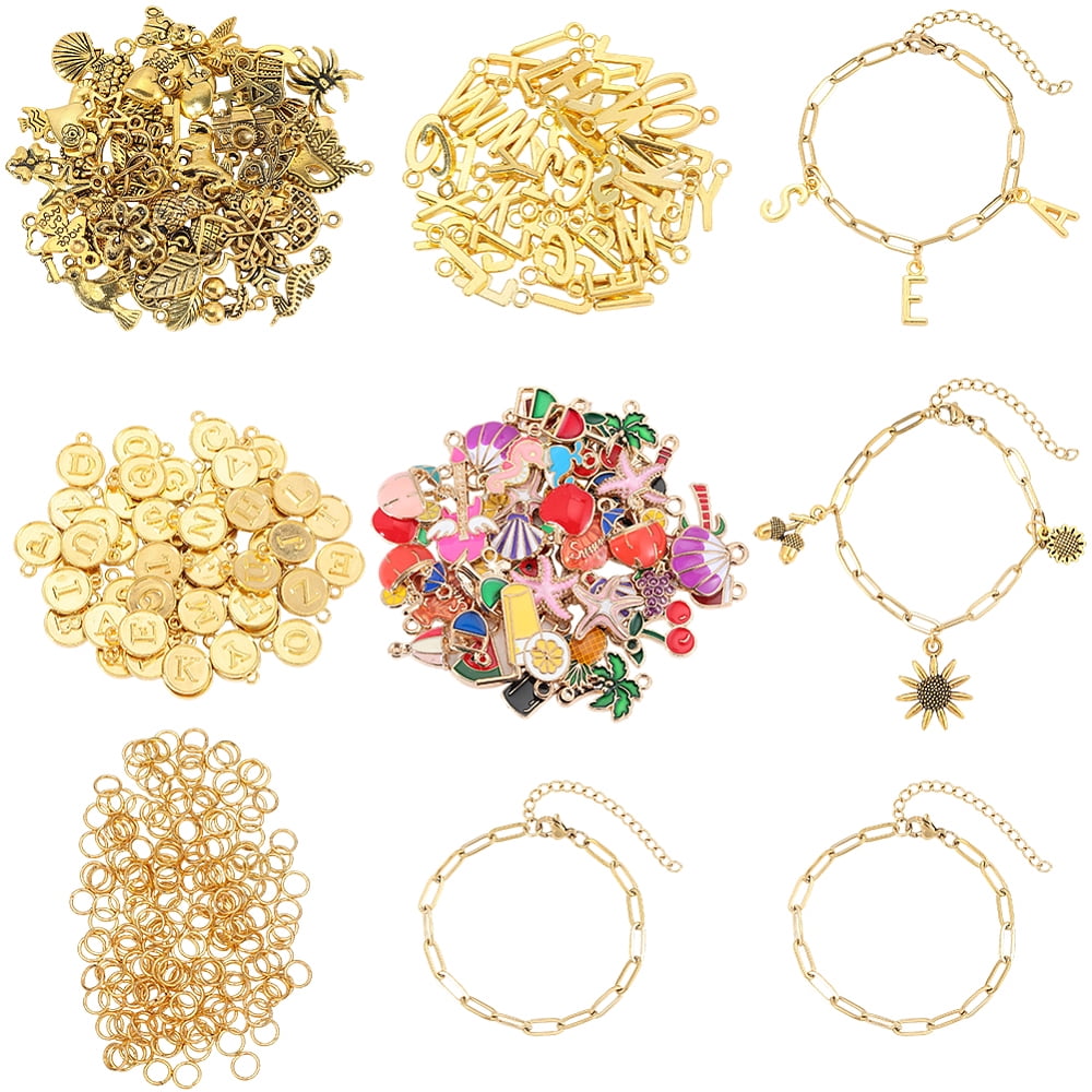 418Pcs Gold Charm Bracelet Making Kits Including 12Pcs Stainless Steel Paperclip Chain Bracelets 200Pcs Open Jump Rings 206Pcs Alloy Enamel Pendants