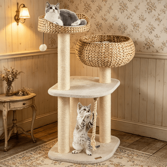 41In Cat Tree Tower Multi-Level Activity Center Hand-Woven Water Hyacinth 3Sisal Scratching Posts White Pet Furniture Jump Platform Basket Bed Hanging Ball Rope Cushions Removable Washable Decor Fun