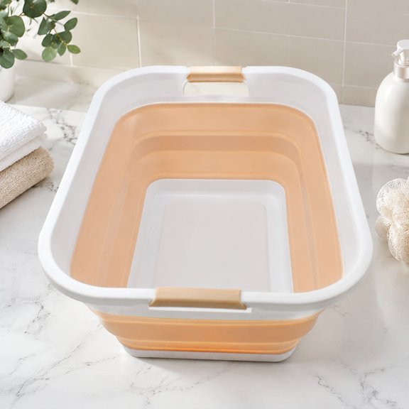 41L (10.8 Gallon) Collapsible Plastic Laundry Basket - Foldable Pop Up Storage Container, Portable Washing Tub, Rectangular White/Beige