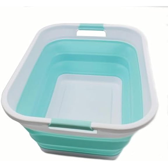 41L (10.8 gallon) Collapsible Plastic Laundry Basket-Foldable Pop Up Storage Container/Organizer-Portable Washing Tub, Water capacity: 32L (8.4 gallon) (Rectangular, White/Lake Green)