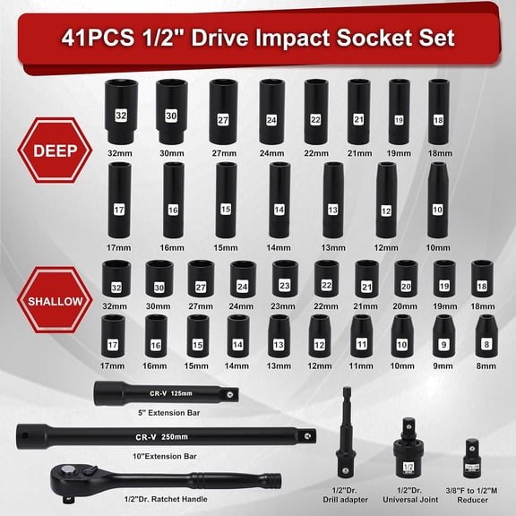 41PCS 1/2" Drive Impact Socket Wrench Set, Deep & Shallow Metric Socket Set 8-32mm, 72 Tooth Ratchet Handle, CR-V, Includes Extension Bars, Universal Joint, Adapters, 6 Point Design