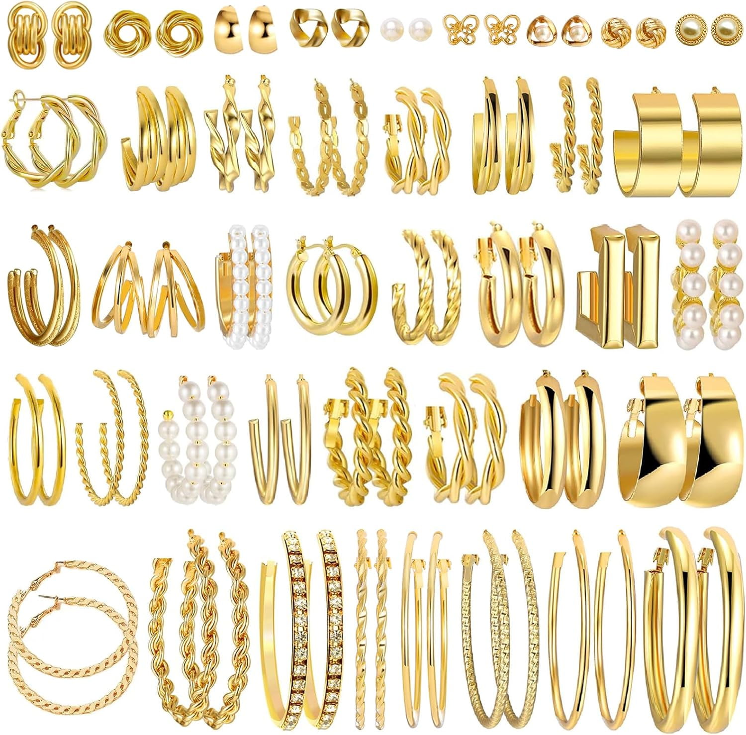PANJIUO 41Pairs Gold Hoop Earring Sets for Women, Fashion Chunky Pearl Earrings Multipack Twisted Statement Earring Pack Fine Pearl Earrings intended for Gift [w919]