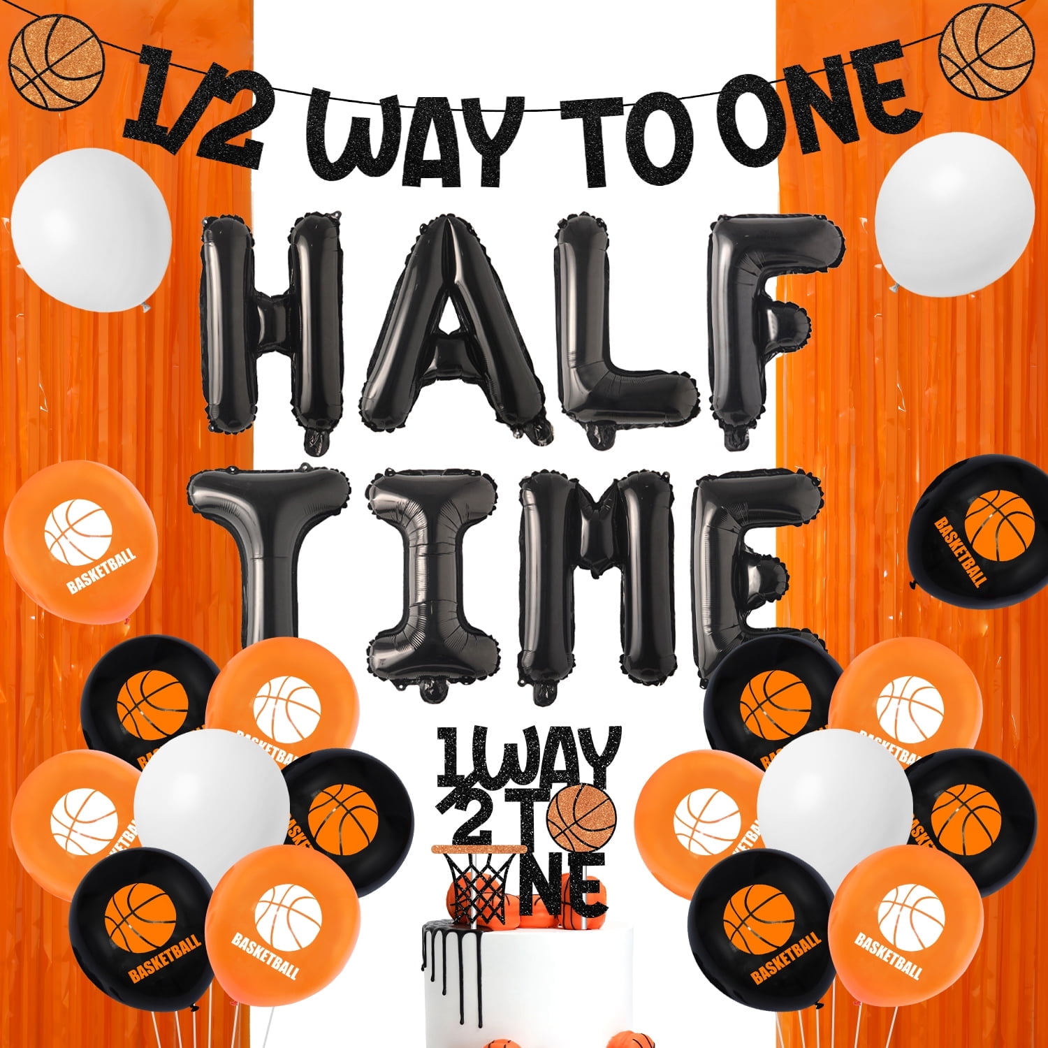 41Pcs Basketball Half Birthday Decorations 1/2 Way to One Banner Cake Topper Foil Curtain Half Time Basketball Foil Balloons Orange Black Latex Balloons for Boy Sports 6 Months Birthday Supplies