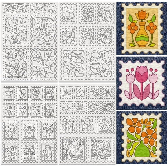 41Pcs Flower Stamp Water Soluble Hand Sewing Stabilizers 8.3"x11.7" Floral Stamp Embroidery Pattern Stabilizer 4 Sheets Rectangle Stick and Stitch Embroidery Paper Sticker Cloth