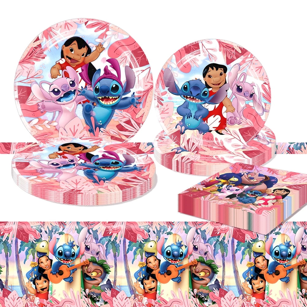 41Pcs Pink Stitch Tableware Set Birthday Decorations, 20 Plates, 20 Napkins and 1 Tablecloth Cute Lilo Party Decorations for Birthday Party Supplies