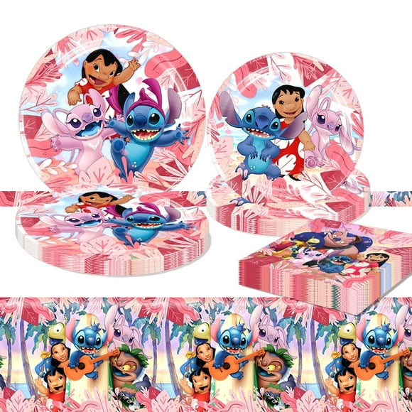 41Pcs Pink Stitch Tableware Set Birthday Decorations, 20 Plates, 20 Napkins and 1 Tablecloth Cute Lilo Party Decorations for Birthday Party Supplies