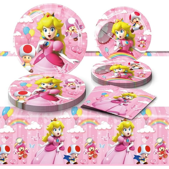 41Pcs Princess Peach Birthday Decorations, 20 Plates, 20 Napkins and 1 Tablecover for Princess Peach Birthday Party Supplies