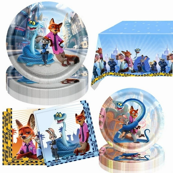 41Pcs Zootopia Birthday Party Supplies, 20 Plates, 20 Napkins and 1 Tablecover for Zootopia Party Decorations