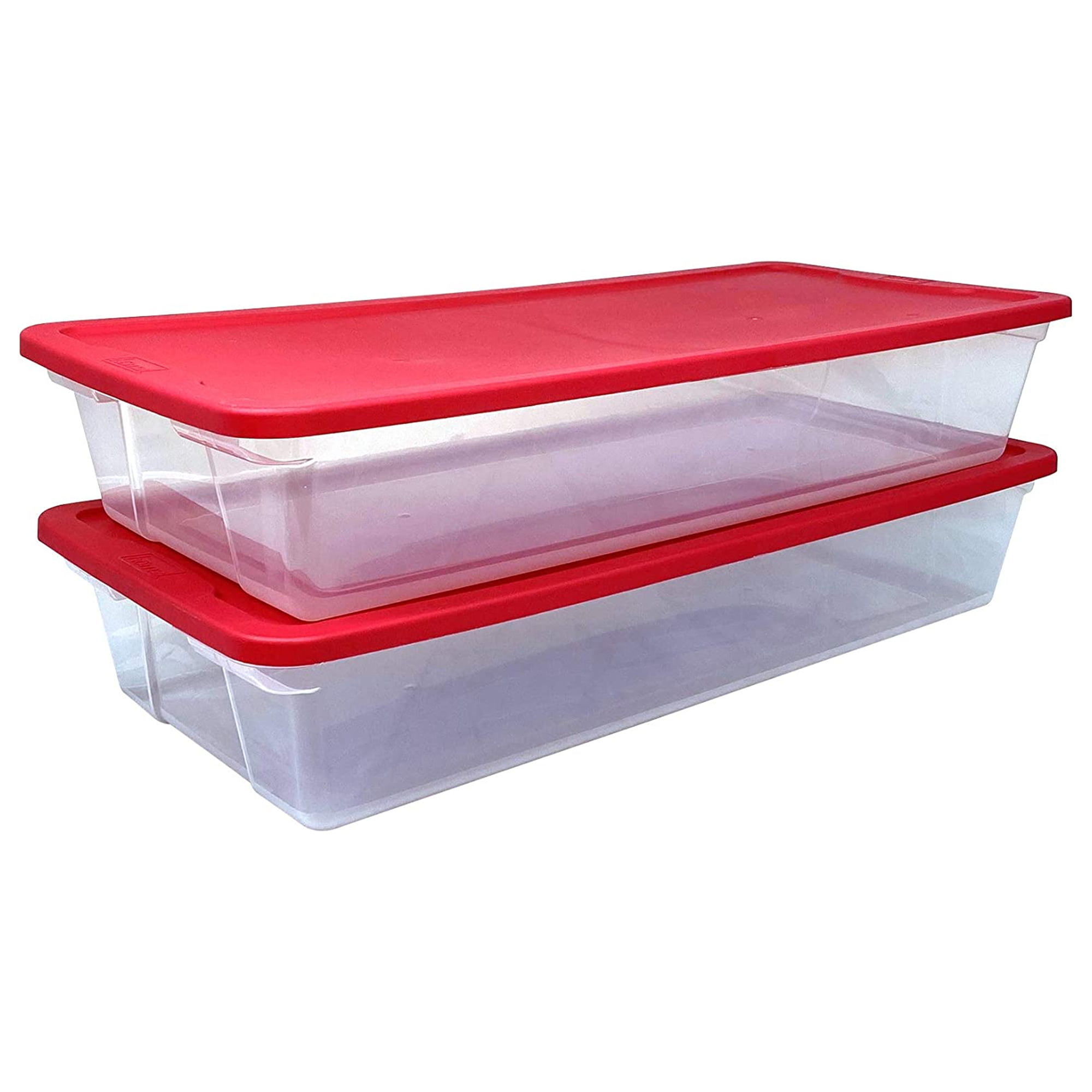 Clear Plastic Stackable Christmas Storage Box with Red Lid, Set of 2