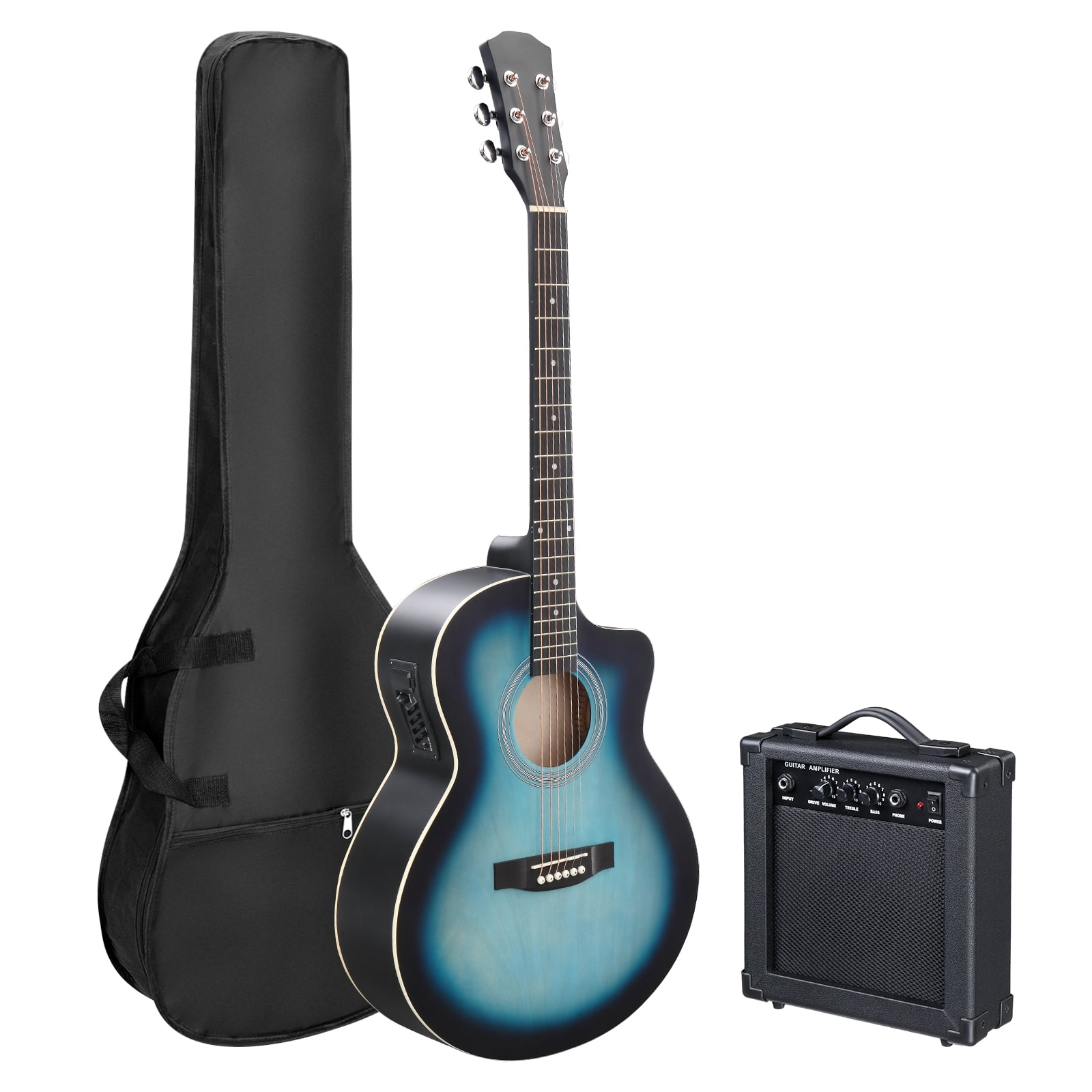 41in Basswood Panel Matte Edging Folk Guitar with 15W Amplifier Bag Tuner and other Accessories Rubbed, Blue
