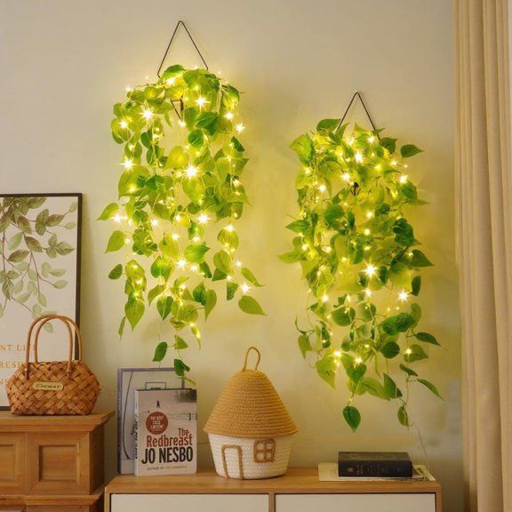 41in Fake Hanging Plants with Lights Artificial Ivy for Bedroom Home Decor, Plant Hanger with Fake Vines Faux Hanging Planter for Wall Ceiling Bedroom Kitchen Office Indoor - 2 Pack