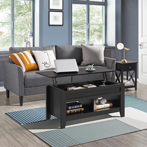 41in Lift Top Coffee Table Set with Storage and Side Tables, Modern Black Living Room Furniture