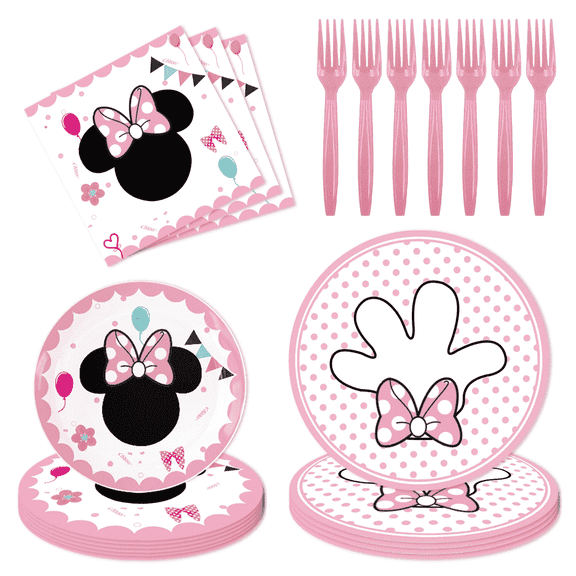 50 pcs Minnie Birthday Party Supplies, Include 20 Plates, 20 Napkins and 10 forks for Girls Cartoon Decorations