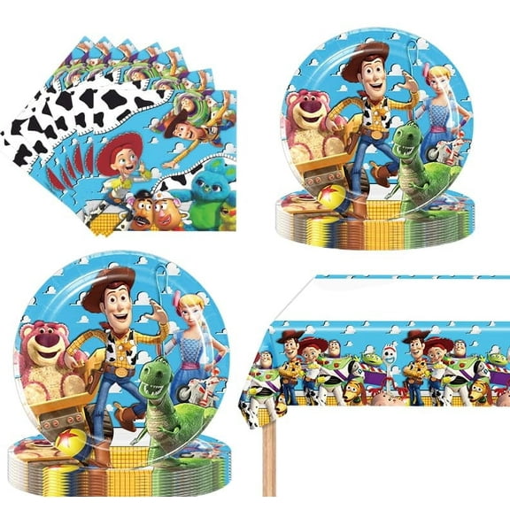 41pcs Toy Storys Party Supplies include 20 plates, 20 napkins, 1 Tablecloth for the Toy Storys birthday party decoration