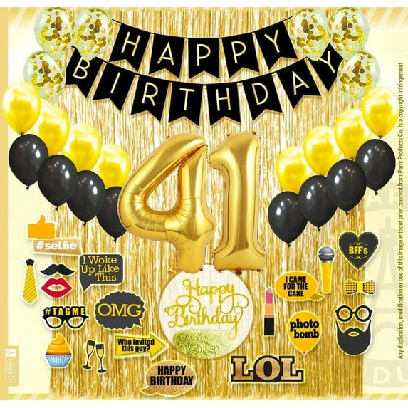 41st Birthday Decoration Black and Gold for Boy & Girl, 41st Cake Topper, 41st Party Supplies for Her and Him, 41st Birthday Photo Props