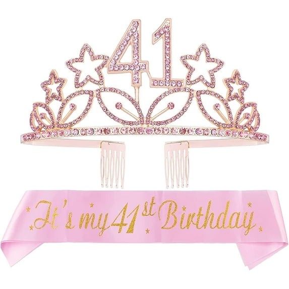 41st Birthday Sash and Tiara for Women - Fabulous Glitter Sash + Stars Rhinestone Pink Premium Metal Tiara for Her, 41st Birthday Gifts for 41 Party