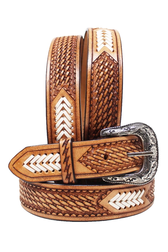 42  1-1/2" Wide Western Basket Weave Tooled Rawhide Braided Full-Grain Leather Belt 2678RS