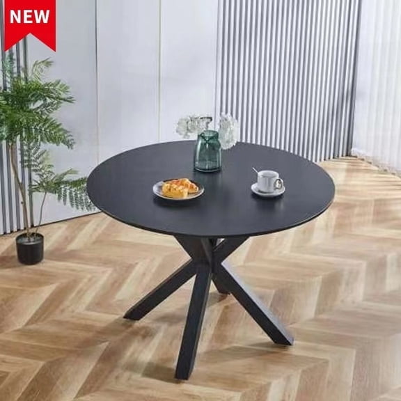 42.1" BLACK Mid-century Dining Table (4-6 Seats), Round MDF Top, Pedestal, Stable Metal Legs, Easy Maint
