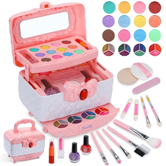 42 in 1 Kids Makeup Kit for Girl, Washable Pretend Play Cosmetic Set with Mirror, Little Girls Makeup Kit Girls Toys Age 3-12 Perfect Girl Birthday Gift，Pink