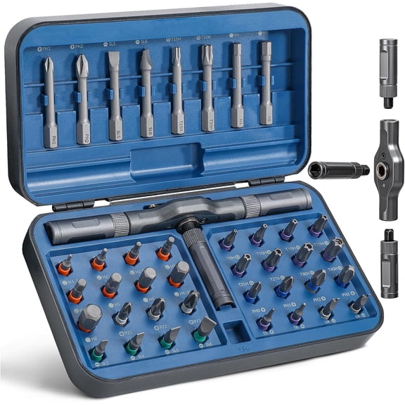 42 in 1 Magnetic Ratcheting Screwdriver Set with Pivot T-Handle, Precision S2 Steel Bits Kit, Multi-Functional Repair Tool for Furniture Assembly, PC Building and Tight Spaces,Blue