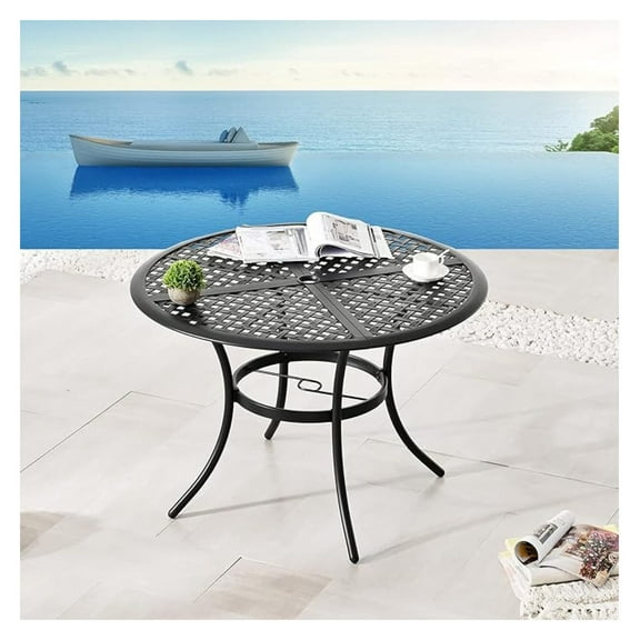 42.1'' Patio Dining Metal Round Table with 2.04'' Umbrella Hole & Mesh Top Outdoor Furniture for Deck Garden Porch, Black, PF19220