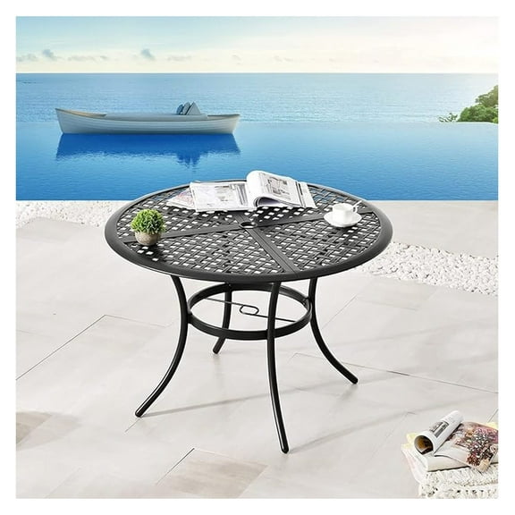 42.1" Patio Dining Table Metal Round, Umbrella Hole, Mesh Top Outdoor Furniture