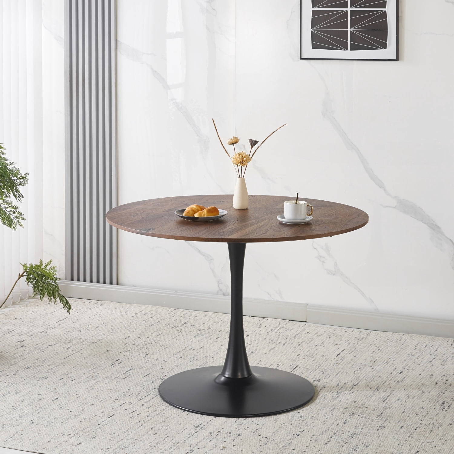42.1" walnut Color Top Tulip Table, Mid-century Dining Table for 4-6 People, Round MDF Table Top (the tabletop consists of two panels), Pedestal Dining Table, End Table & Leisure Coffee Table