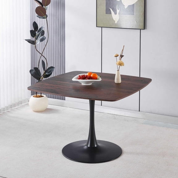 42.12 Inch Walnut Modern Tulip Dining Table MDF Top Metal Pedestal Base Multi-purpose Kitchen Dining Room Table For 4-6 People Stylish Living Room Accent Table