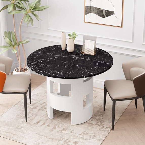 42.12"Modern Round Dining Table with Printed Black Marble Table Top for Dining Room, Kitchen, Living Room, Black+White