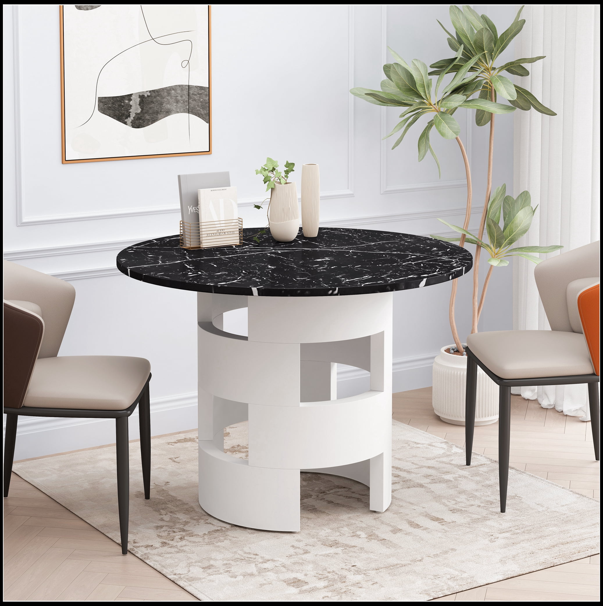 42.12"Modern Round Dining Table with Printed White Marble Table Top for ...