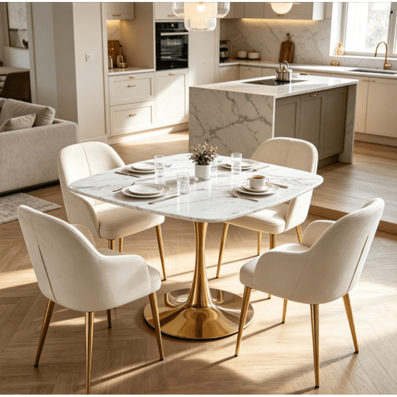42.12" White Marble Square Tulip Dining Table for 2-3 with Gold Metal Pedestal Base, Modern Small Kitchen Table for Apartment Bistro Cafe