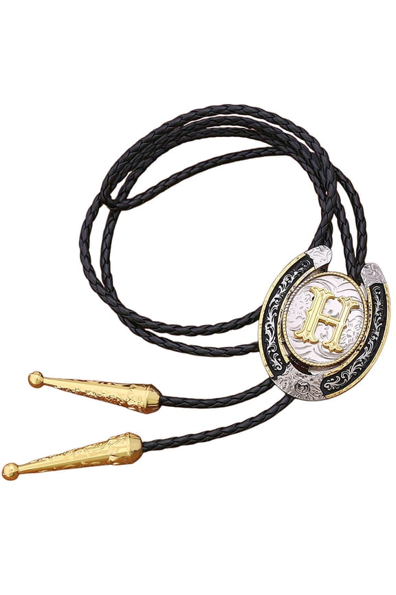 42.13 Inch Black PU Leather Rope Necklace Initial Letter H Bolo Tie Vintage Rodeo Cowboy Leather Necktie Western Cowgirl Accessories