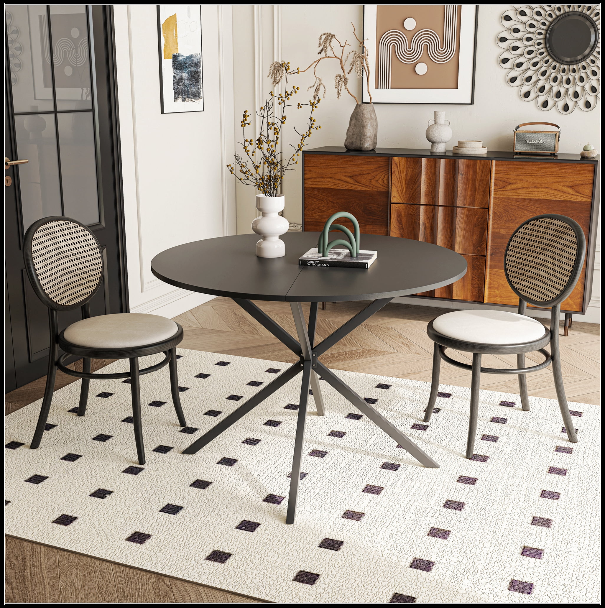 42.13'' Modern Cross Leg Round Dining Table, Black Top Occasional Table ...