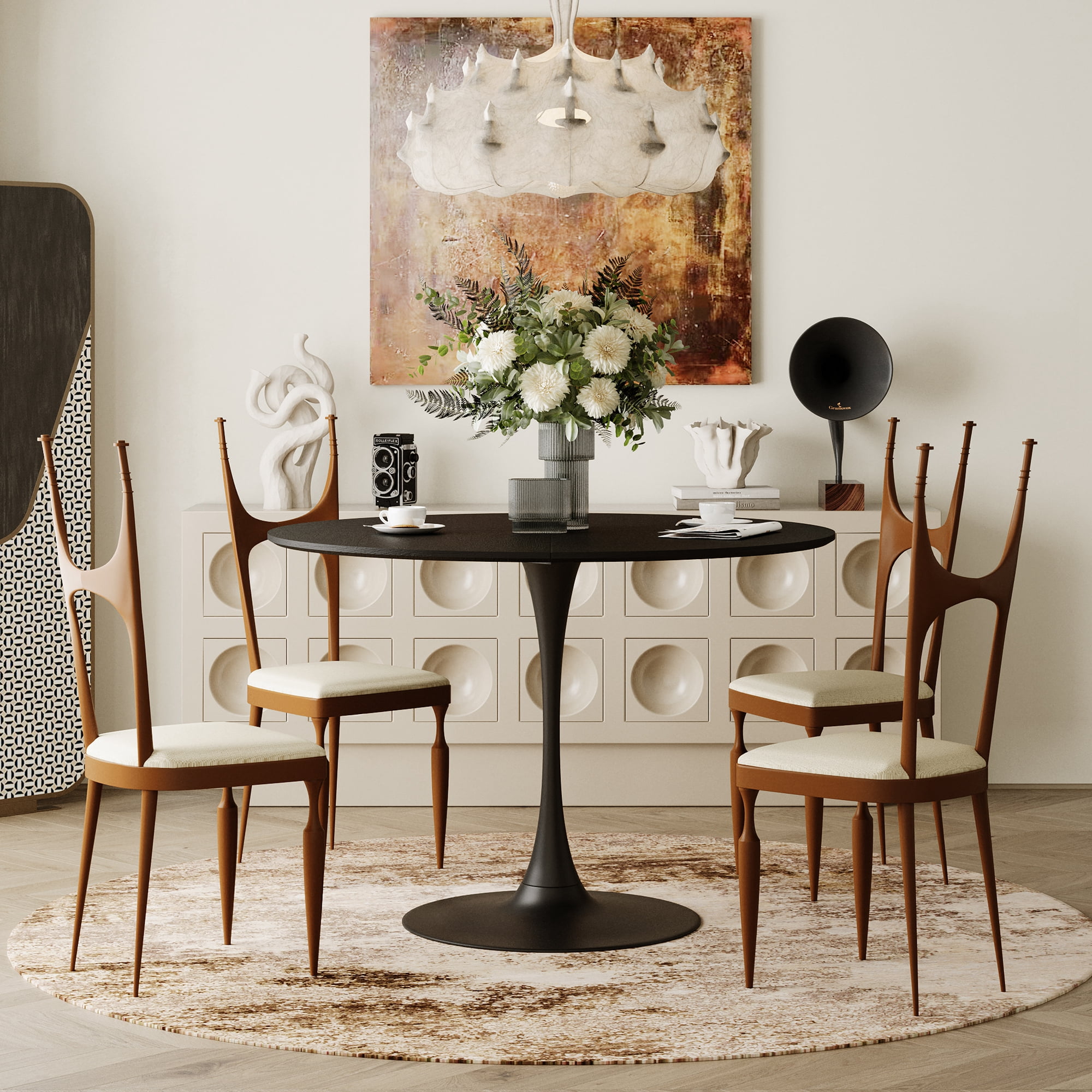 42.13"Modern Round Dining Table,Four Patchwork Tabletops with Black ...