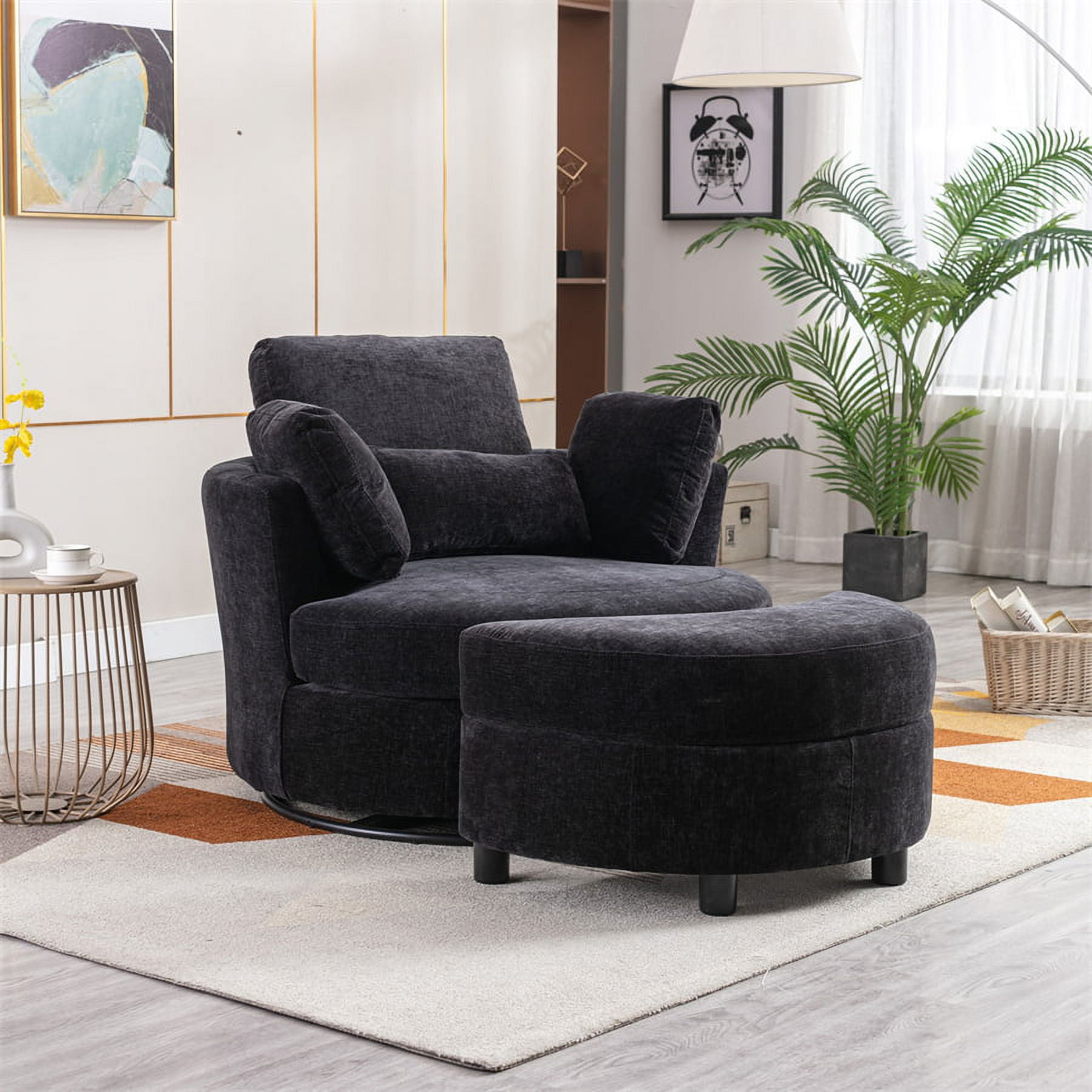 42.2 Swivel Barrel Chair with Half Crescent Moon Storage Bench,  Upholstered Accent Arm Chair with Metal Base and Removable Seat Cushion,  Modern Footstool Ottoman for Living Room, Bedroom 