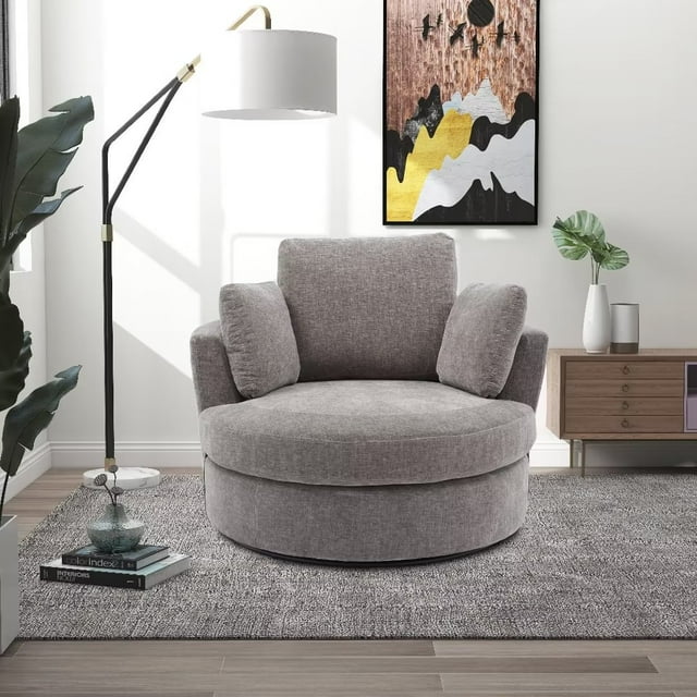 42.2" Swivel Barrel Chair, Upholstered Accent Chair Lounge Chair with 3 Pillows, 360 Degree Swivel Sofa Chair Reading Chair, Modern Oversized Armchair for Bedroom Living Room Hotel, Grey Chenille