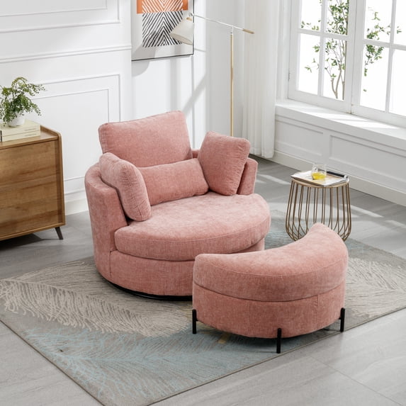 42.2"W Oversized Swivel Chair with Half Moon Storage Ottoman, Chenille Swivel Barrel Chair, Comfy Round Swivel, Modern Upholstered Single Sofa Armchair for Nursery,LivingRoom,Bedroom, Pink