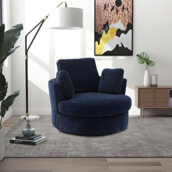 42.2"W Swivel Accent Barrel Chair and Half Swivel Sofa With 3 Pillows 360 Degree Swivel Round Sofa Modern Oversized Arm Chair Cozy Club Chair for Bedroom Living Room Lounge Hotel, Navy Chenille