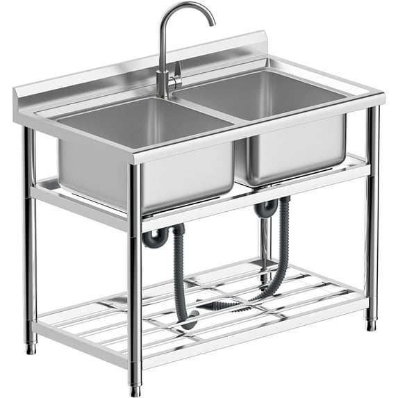 42*25*35 inch Freestanding Stainless Steel Sink, Commercial Restaurant Sink, Large Double Bowl Sink, Outdoor Sink, for Business Restaurant, Cafe, Bar, Hotel, Garage, Laundry Room, Outdoor