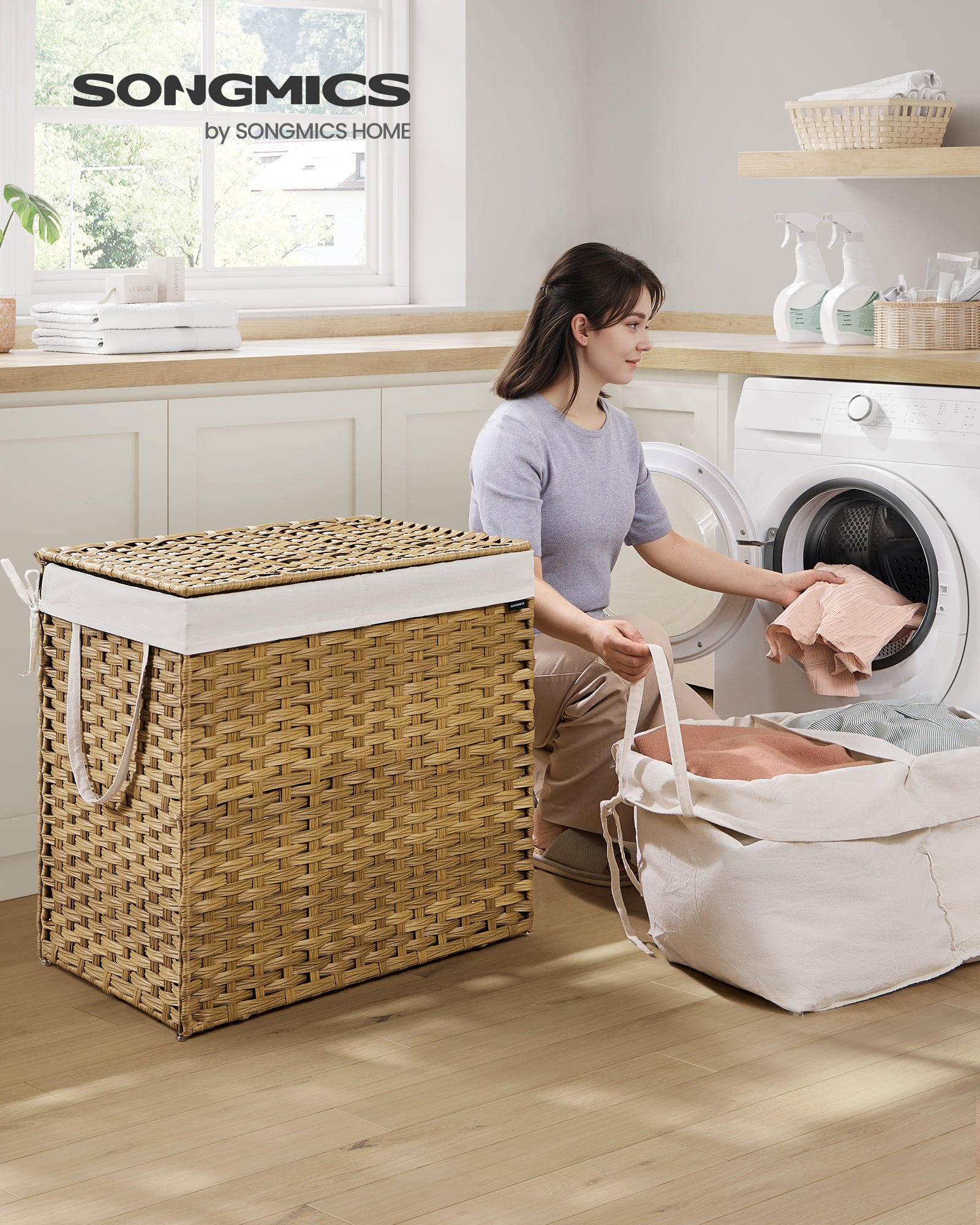 42.3 Gallon Foldable Laundry Hamper with Lid, Synthetic Rattan Storage Basket with Removable Liner & Handles, 160L Capacity, Natural