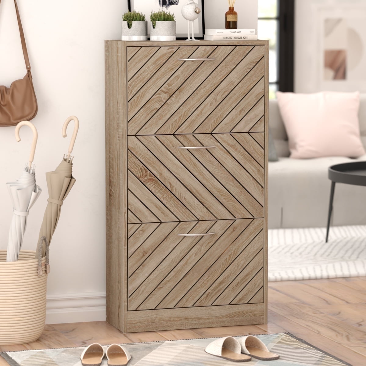 OXYLIFE Modern Shoe Cabinet, Wood 3 Tilt-Out Doors Shoe Rack Storage up to 18 pairs , Light Brown