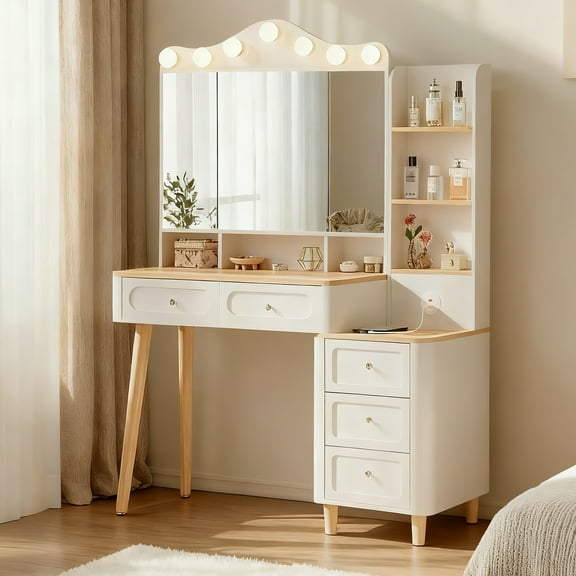 42.3'' Vanity Desk with Mirror and Lights,Makeup Vanity with 2 USB Power Strip,Vanity Set with 2 Big Drawers and 3 Small Chest,3 Lighting Modes Adjustable Brightness,Foldable Three-sided Mirror,White