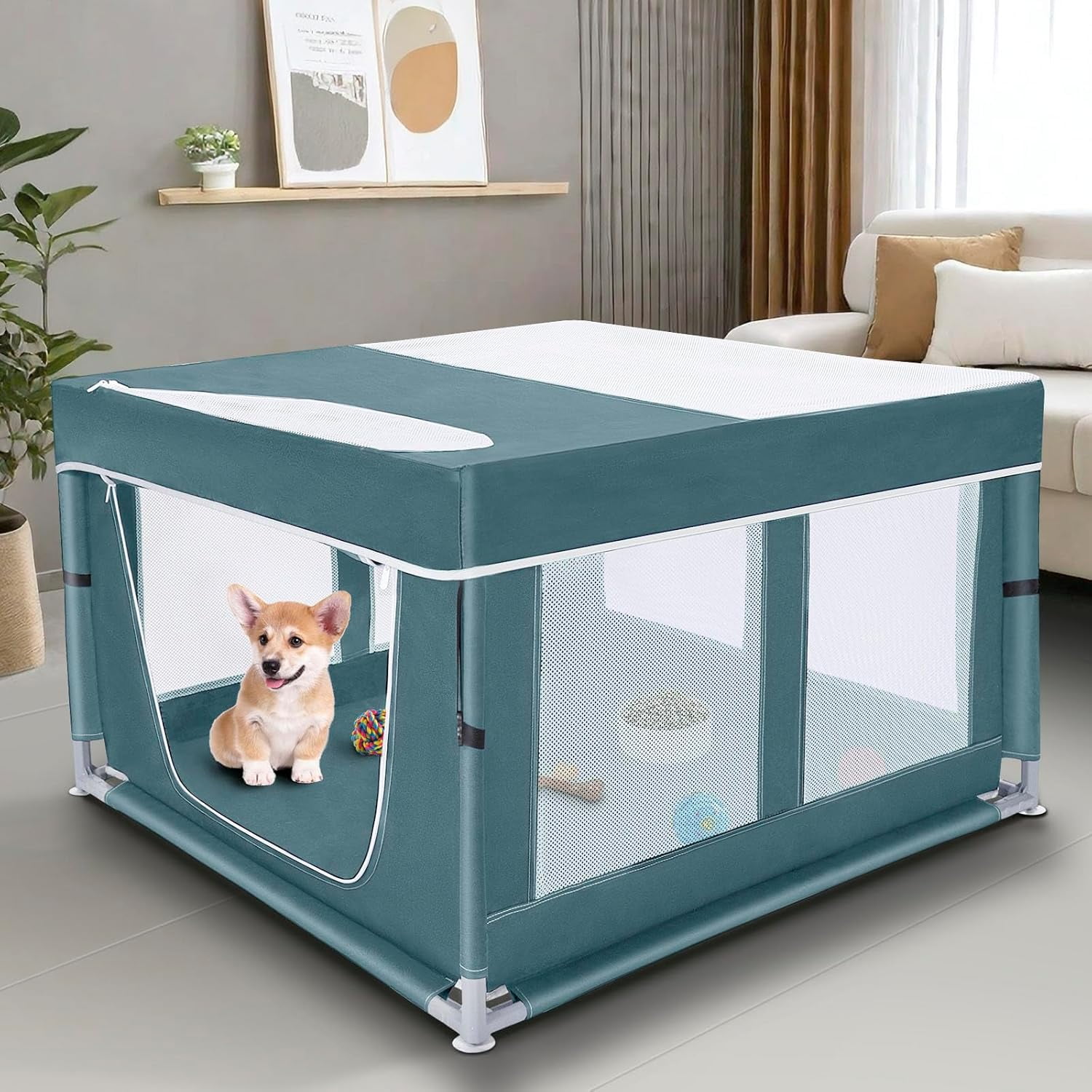 42 × 42 inch Dog Playpen with Pee Pad, Soft Puppy Playpen, 25 Height Pet Playpen for Small Dogs and Small Animals, Dog Fence Indoor, Play Yard with Zipper Door