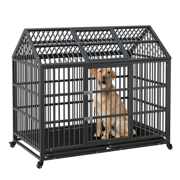 42/48/52 Inch Heavy Duty Dog Crate with Divider, Indestructible Steel Escape-Proof Dog Cage, Indoor Double Door High Anxiety Cage,Kennel with Wheels,Removable Tray Suitable for Large Medium Small Dogs