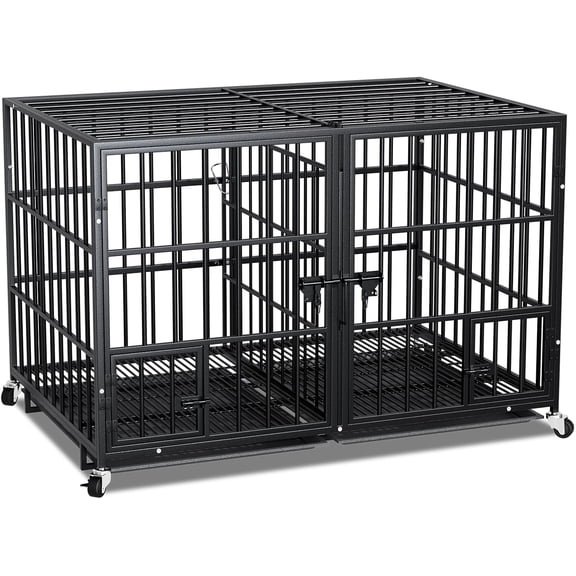 42/48/54 Inch Metal Dog Crate for Large Dogs,Heavy Duty Cage Kennel Indoor with Divider Panel, Lockable Wheels, Indestructible Drop Cages Dogs Removable Tray, Escape Proof Locks
