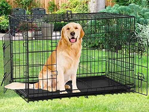View of 42/48 Inch Dog Crate Extra Large Double-Door Dog Kennel with Plastic ...