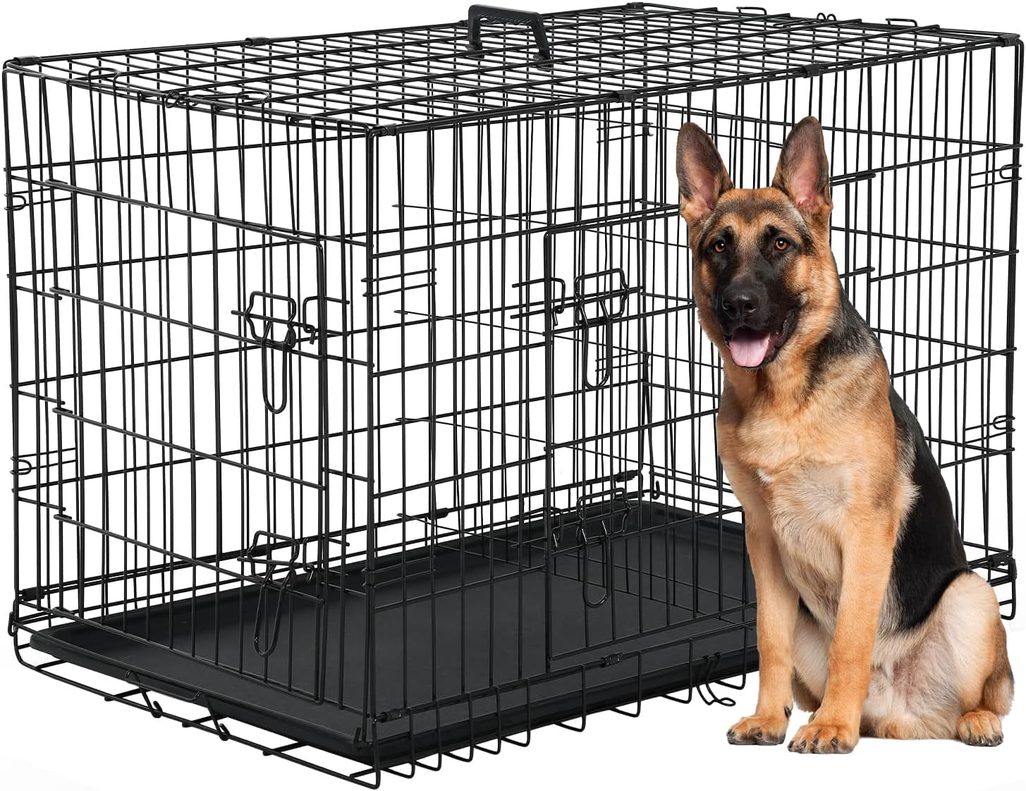 View of 42/48 Inch Dog Crate Extra Large Double-Door Dog Kennel with Plastic ...