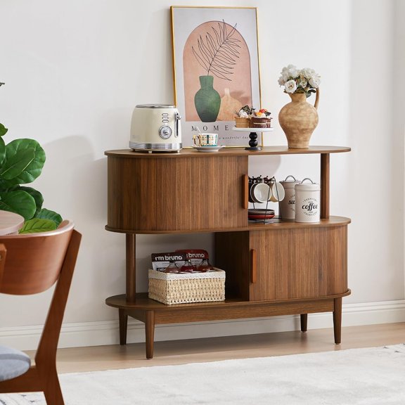 42.5'' Buffet Cabinet with 2 Open Storage, Oval Sideboard Cabinet with Sliding Doors Modern Accent Coffee Bar Kitchen Storage Cabinets for Kitchen, Living Room, Hallway (Walnut)