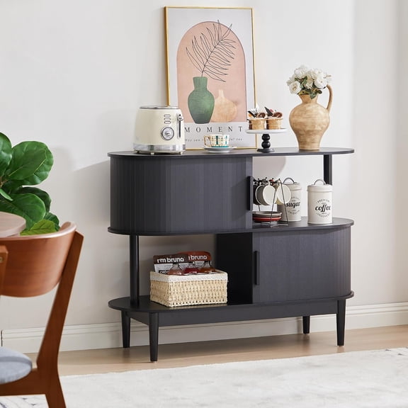 42.5'' Buffet Cabinet with 2 Open Storage, Oval Sideboard Cabinet with Sliding Doors Modern Accent Coffee Bar Kitchen Storage Cabinets for Kitchen, Living Room, Hallway (Black)